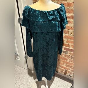The Vanity Room Green Off the Shoulder Long Sleeve Velvet Dress